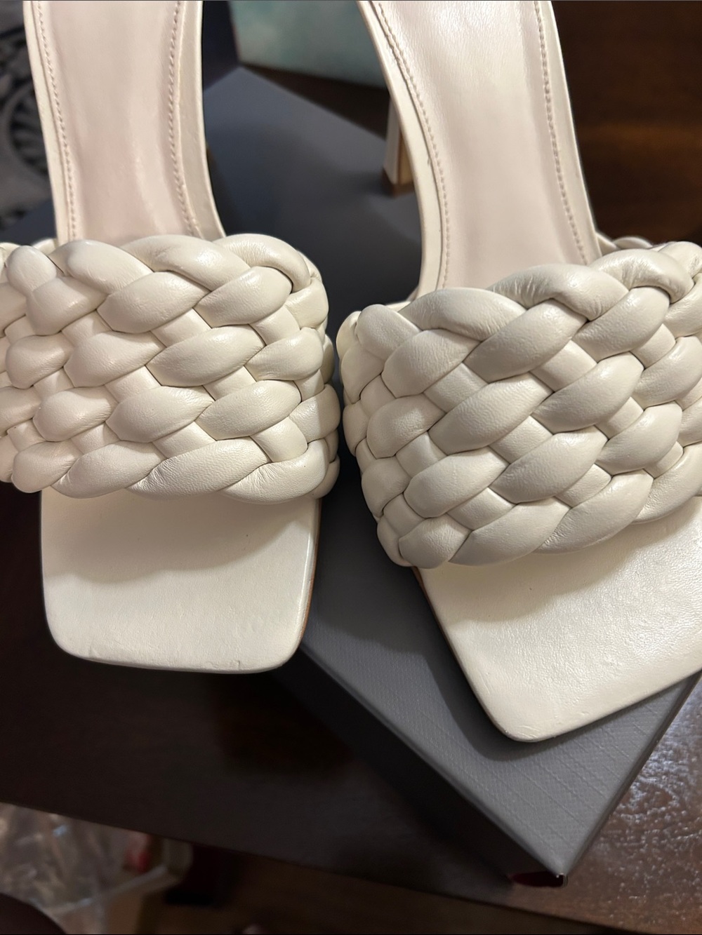 Vince Camuto Braided Square-Toe Heeled Sandals in Cream
